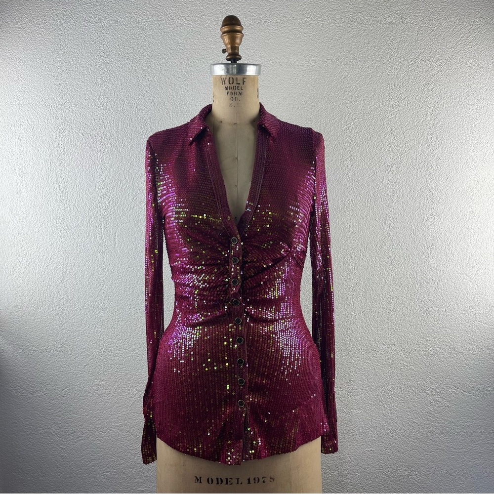 Free People l XS Iridescent Sequin Collared Ruched Longline Shirtee Dark Rhubarb
